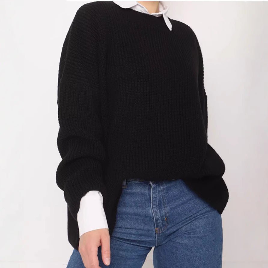 Women's Oversize Structured Knit Sweater with Round Neckline and Dropped Shoulder Mune Fashion