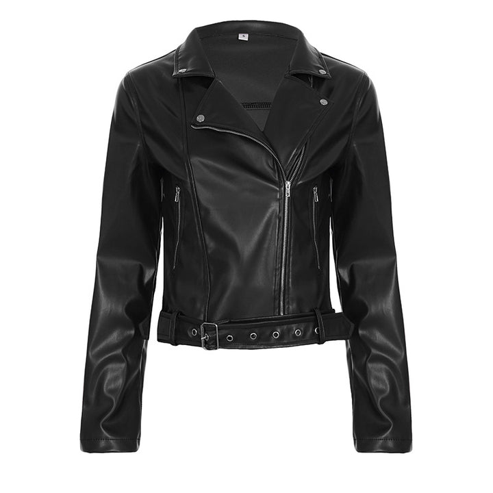 Women's fitted biker jacket made of faux leather with asymmetrical zipper, metallic details, and waist belt Mune Fashion