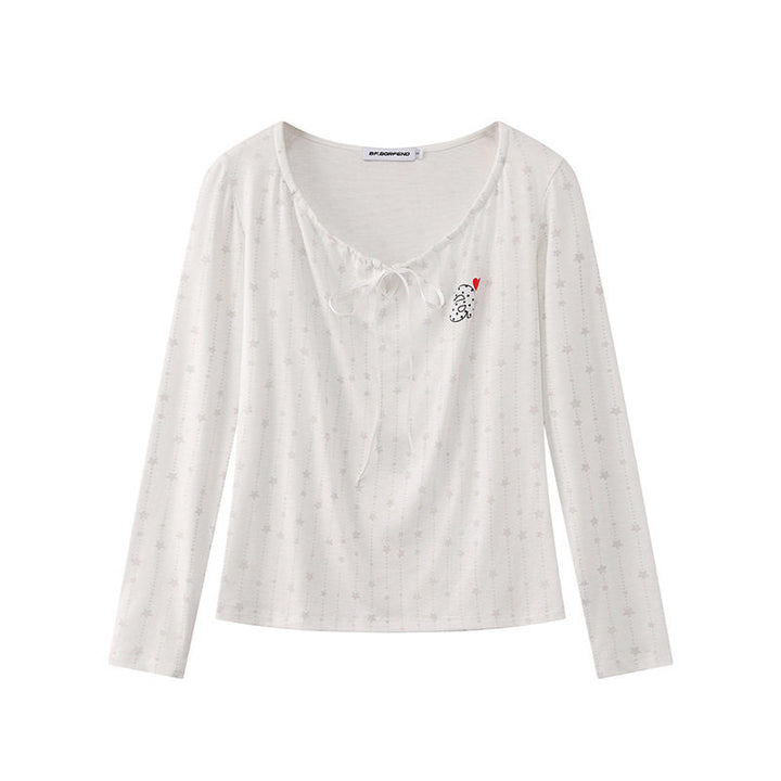 Women's long-sleeve shirt with lacing at the neckline, fine star jacquard, and heart emblem Mune Fashion