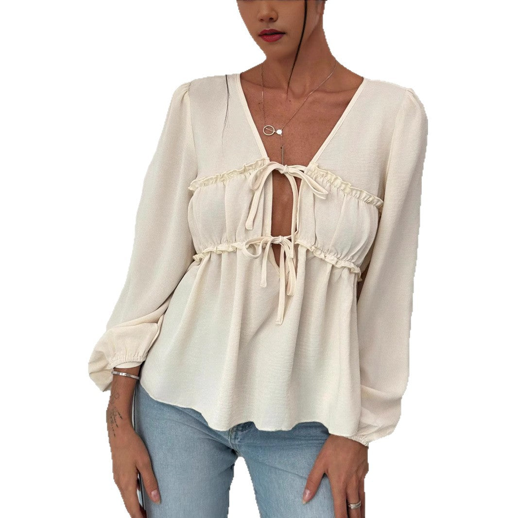 Women's babydoll blouse top with double tying system and balloon sleeves Mune Fashion