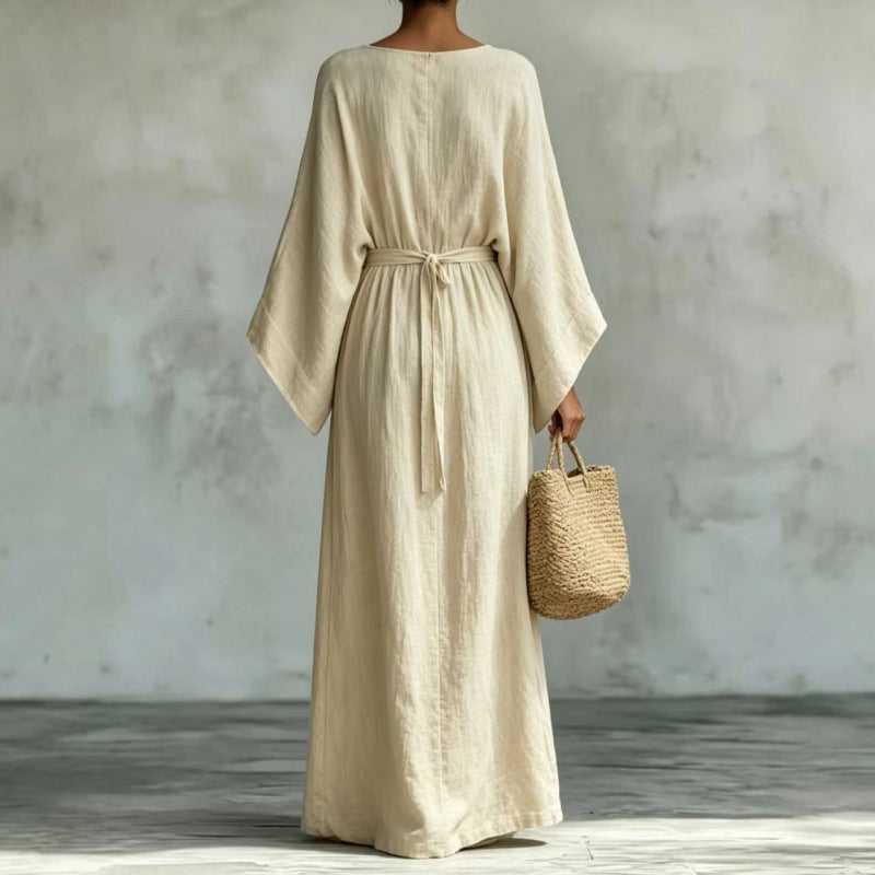Women's Long Linen Look Kaftan Dress with Drawstring Waist and Batwing Sleeves Mune Fashion
