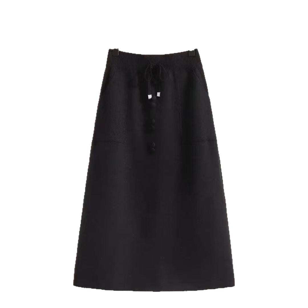 Women's Vintage Skirt with Button Details and Elastic Waistband Mune Fashion