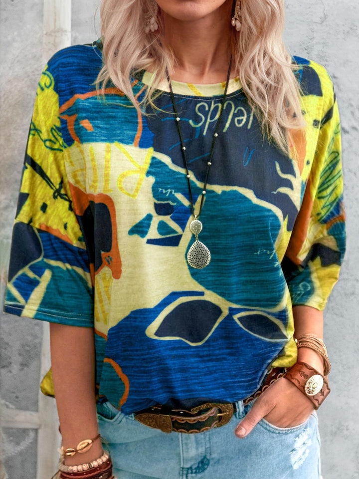 Women's Loose Viscose Print Shirt with Half-Length Sleeves and Round Neck Mune Fashion