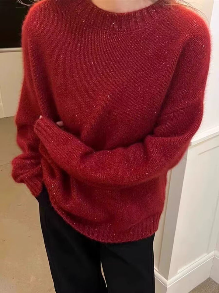 Women Cozy Oversized Sweater in Mohair Look with Round Neck and Subtle Glitter Effect Mune Fashion