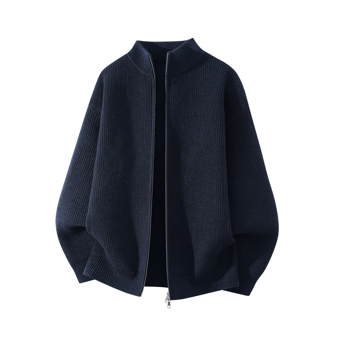Men's Oversize Chunky Knit Zip Cardigan with Stand-Up Collar and Two-Way Zipper Mune Fashion