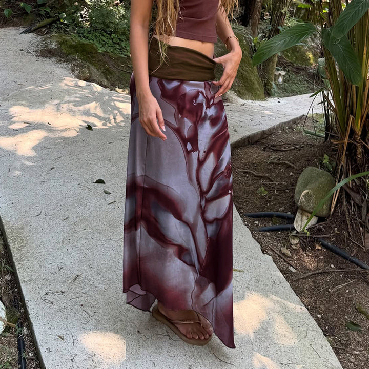 Women Asymmetrical Layered Chiffon Maxi Skirt with Folded Waistband and Watercolor Print Mune Fashion