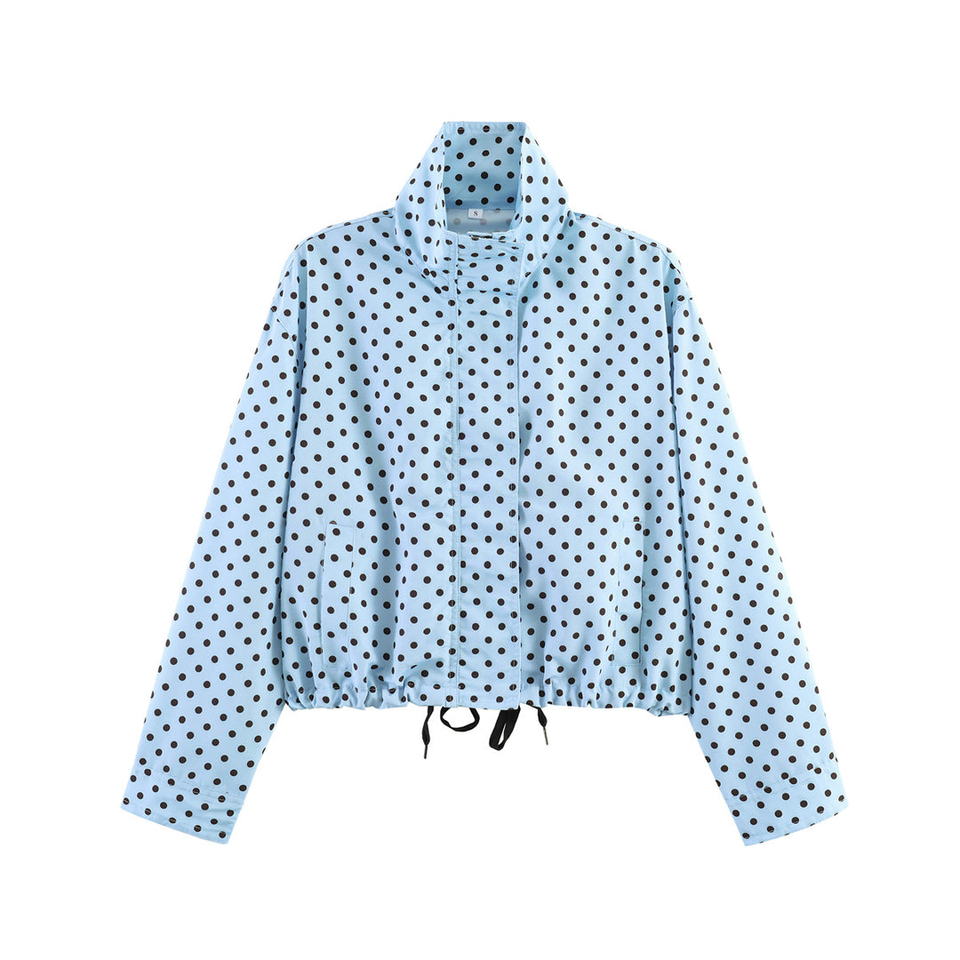 Women Short Polka Dot Transitional Jacket with Stand-up Collar and Drawstring Hem Mune Fashion