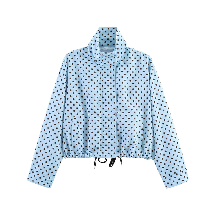 Women Short Polka Dot Transitional Jacket with Stand-up Collar and Drawstring Hem Mune Fashion