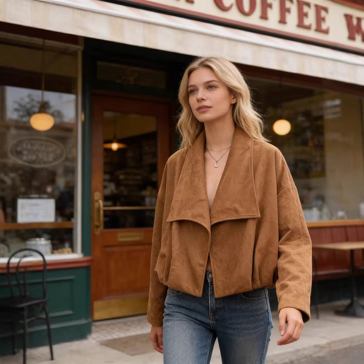 Women’s short jacket in waterfall look with soft velour finish and wide shawl collar Mune Fashion