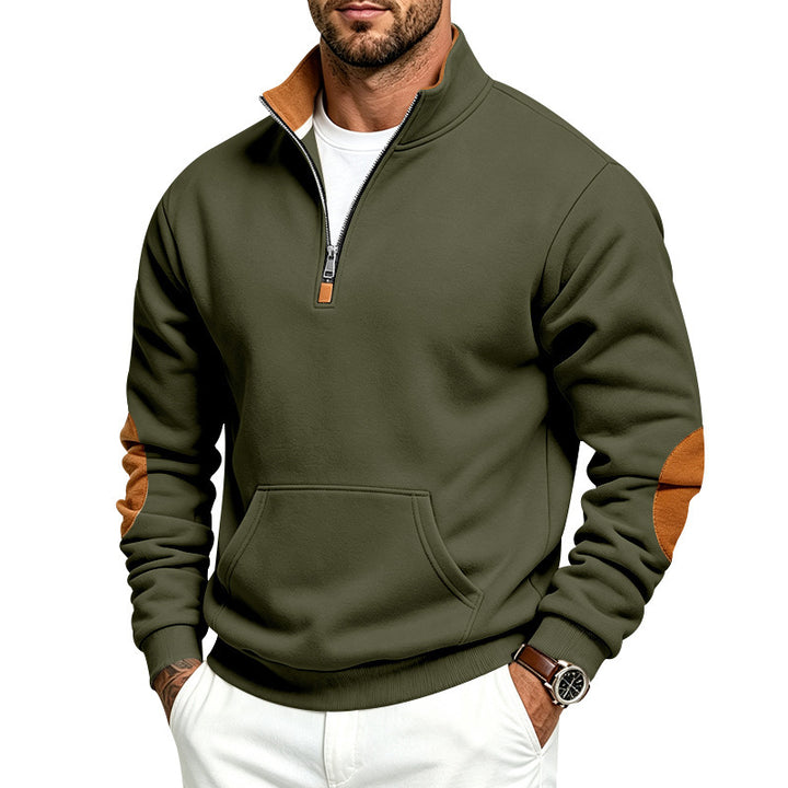 Men's Troyer sweater with half zip, kangaroo pocket, and elbow patches Mune Fashion