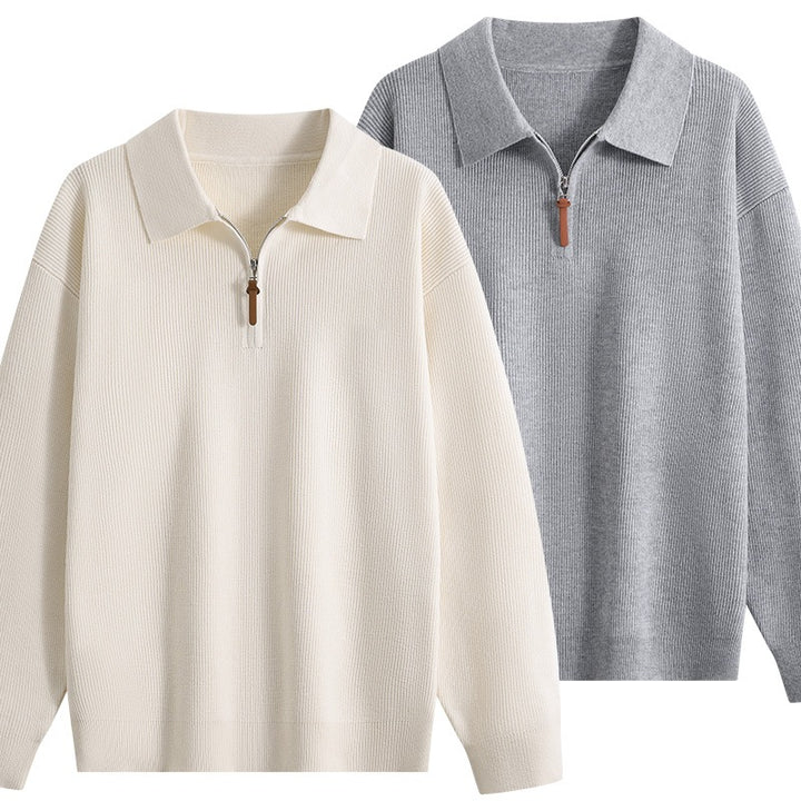 Women's Oversized Ribbed Sweater with Polo Collar & Short Zip Mune Fashion
