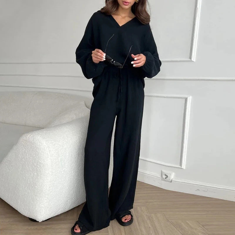 Women's Lightweight Crinkle Lounge Set with V-Neck and Wide High-Waist Pants Mune Fashion