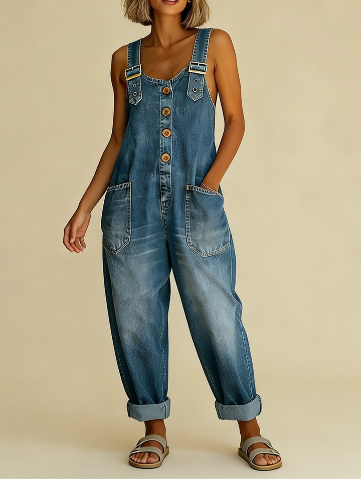 Women's Wide Denim Dungarees with Button Placket, Adjustable Straps and Patch Pockets Mune Fashion