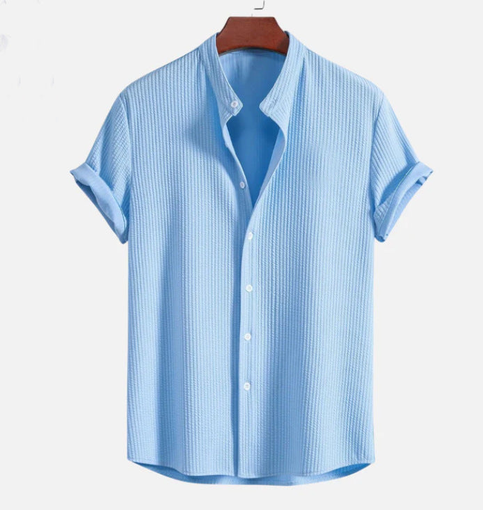 Men's Short Sleeve Structured Shirt with Stand Collar and Rolled-Up Sleeves Mune Fashion