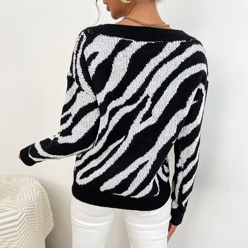 Women's Stylish Sweater with Zebra Stripe Design Mune Fashion