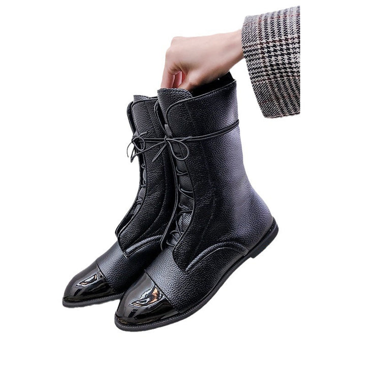 Women's elegant lace-up ankle boots with patent toe cap detail, textured upper material and slim flat sole Mune Fashion