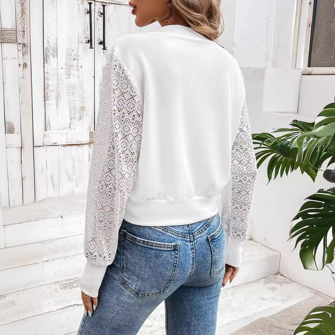 Women's bomber jacket with crochet lace sleeves and full-length zipper Mune Fashion
