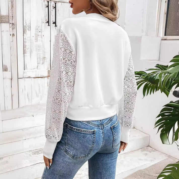 Women's bomber jacket with crochet lace sleeves and full-length zipper Mune Fashion