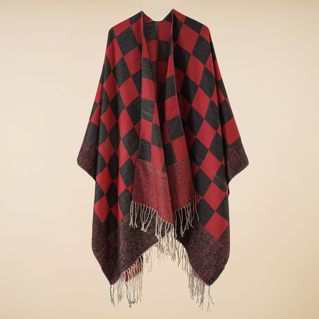 Women Oversized Poncho with Check Pattern and Fringes Mune Fashion