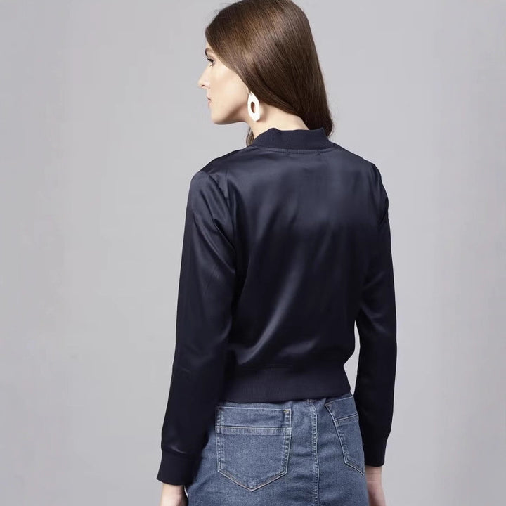 Women's Short Satin Bomber Jacket with Zipper, Ribbed Cuffs and Pockets Drune