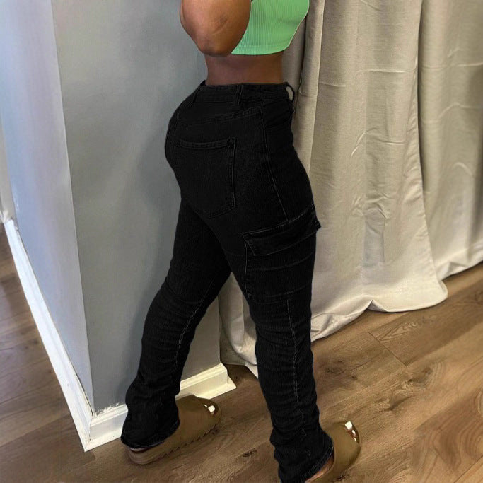 Women's High-Waisted Cargo Jeans with Slim Fit and Gathered Leg Hems Mune Fashion