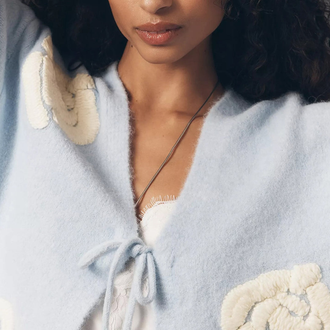 Ladies Cozy Mohair Cardigan with Decorative Flower Applications Mune Fashion