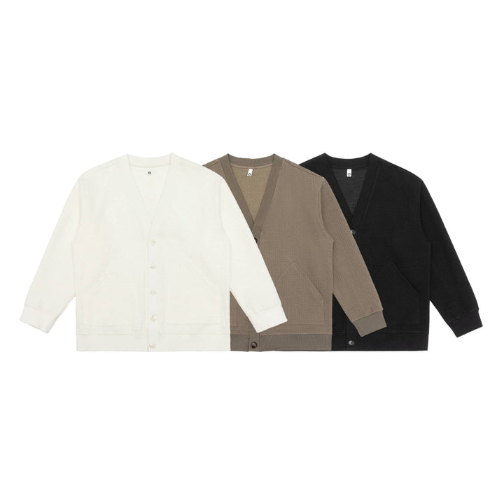 Unisex Waffle Structure Cardigan with V-Neck, Button Placket and Patch Pockets Mune Fashion