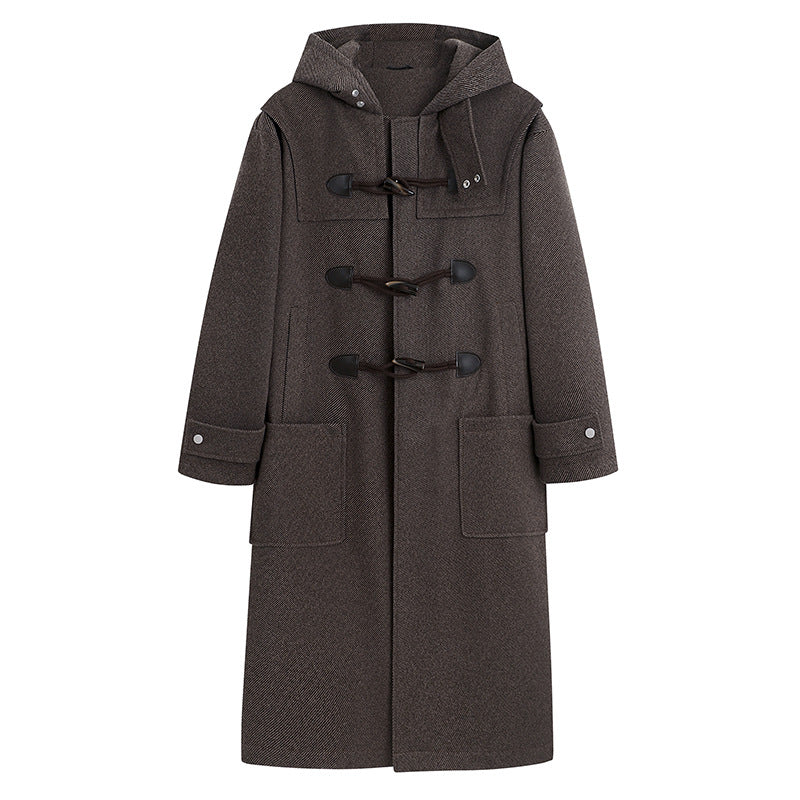 Men's Long Wool Blend Duffle Coat with Hood, Toggle Closures and Patch Pockets Mune Fashion