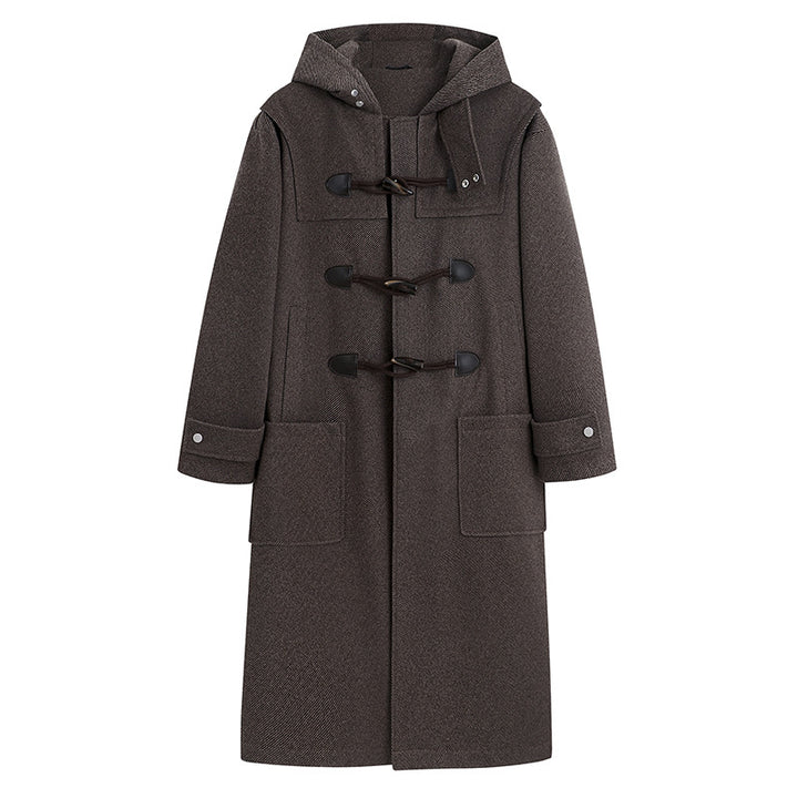 Men's Long Wool Blend Duffle Coat with Hood, Toggle Closures and Patch Pockets Mune Fashion