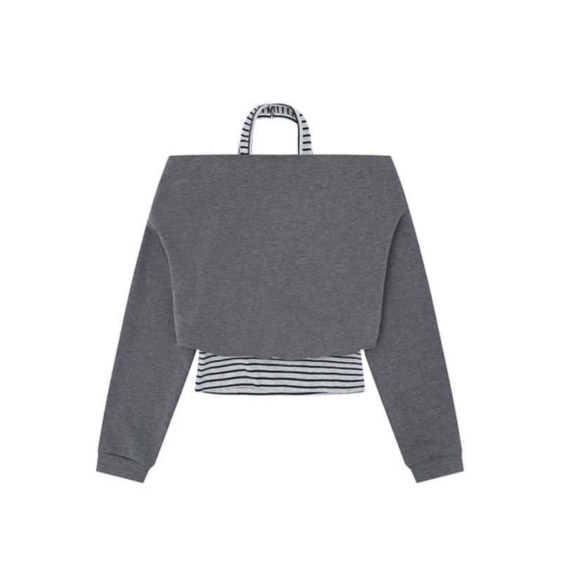 Women's Cropped Layered Hoodie with Integrated Striped Under-Shirt, Hood and Casual Raglan Cut