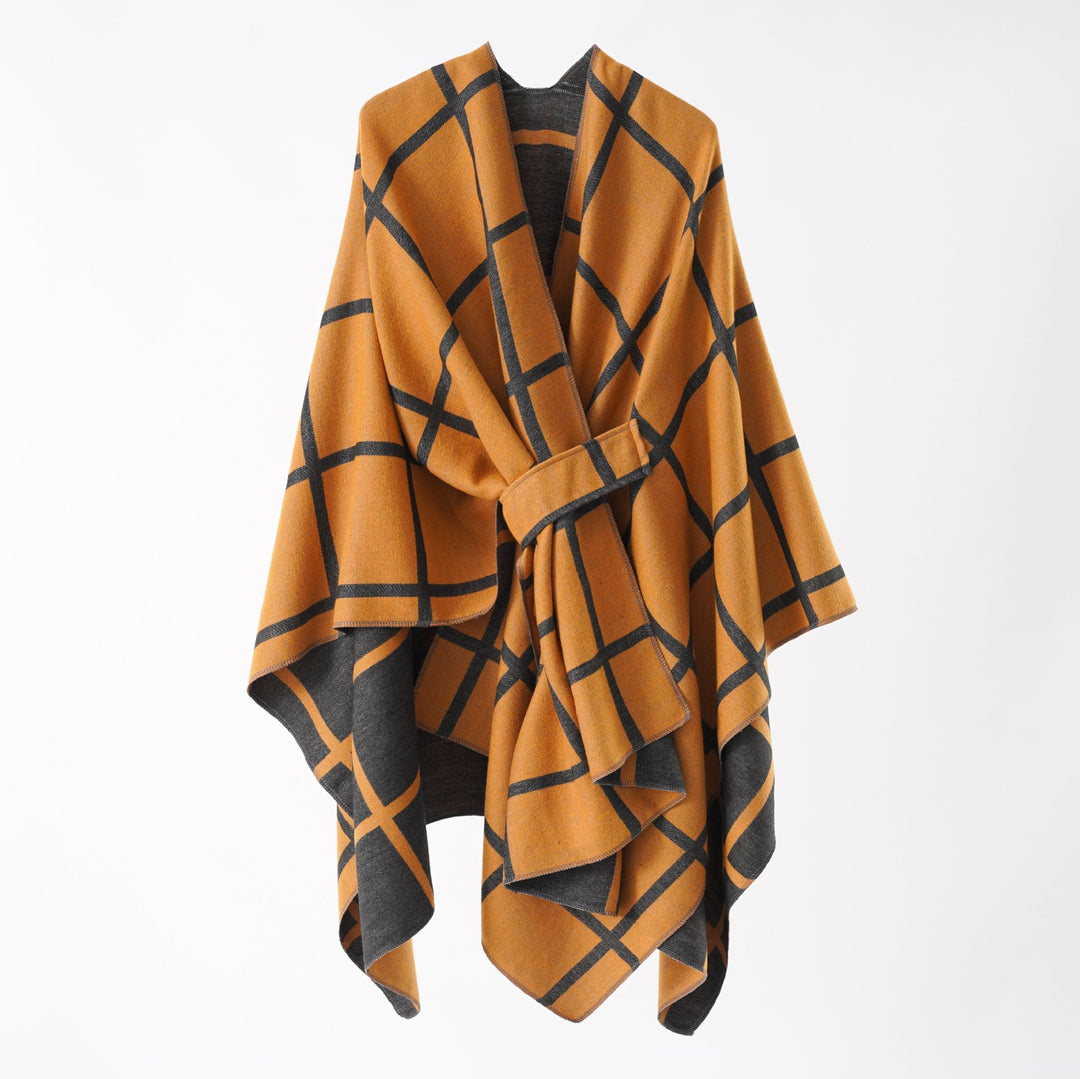 Women's Oversize Poncho made of fine knit with waistband and check pattern Mune Fashion