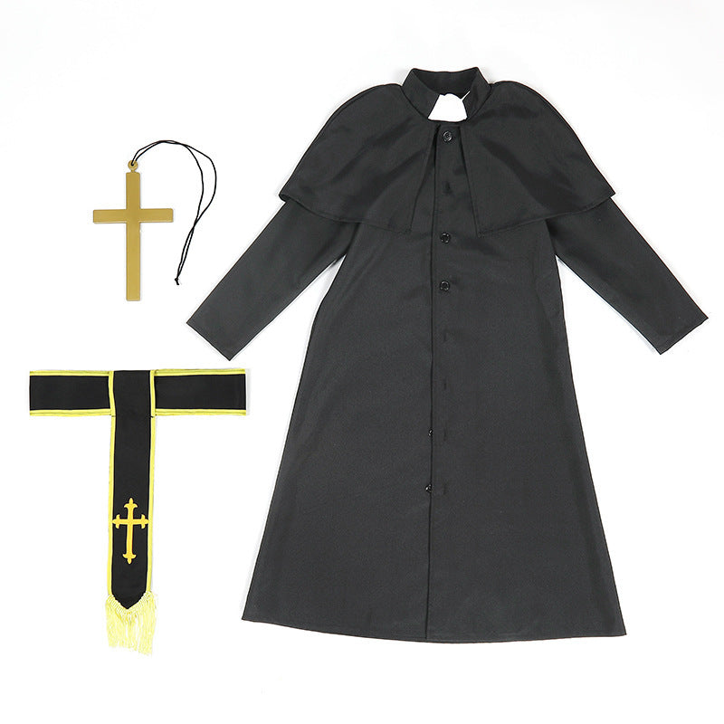 Men's Priest Costume with Cape and Golden Accessories Mune Fashion