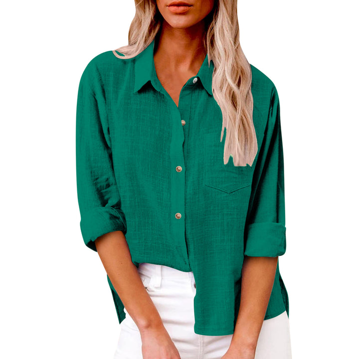 Women's oversized linen-cotton blend shirt blouse with breast pocket and roll-up sleeves Mune Fashion