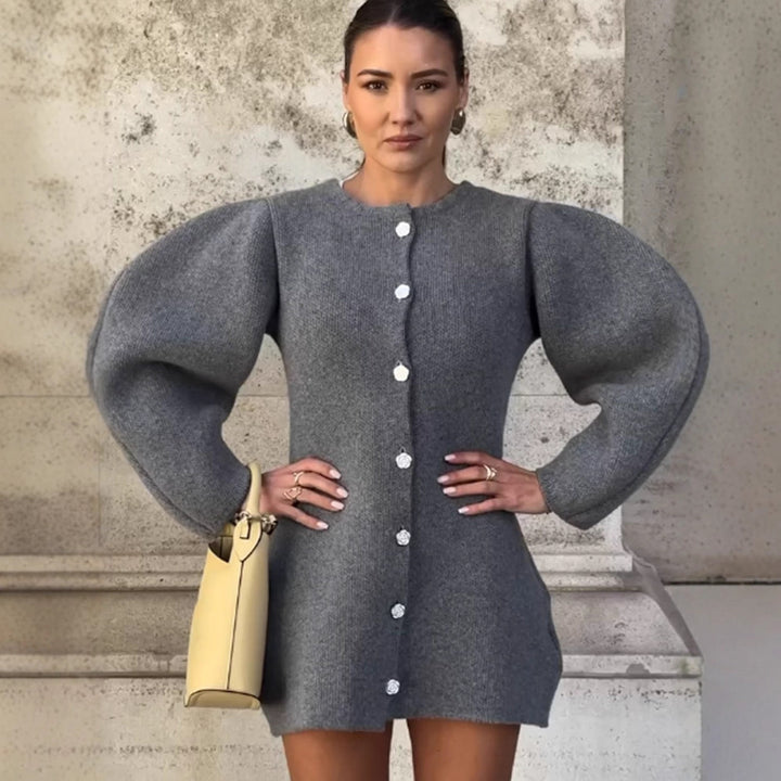 Women's knitted mini dress cardigan with voluminous balloon sleeves and decorative button placket Mune Fashion