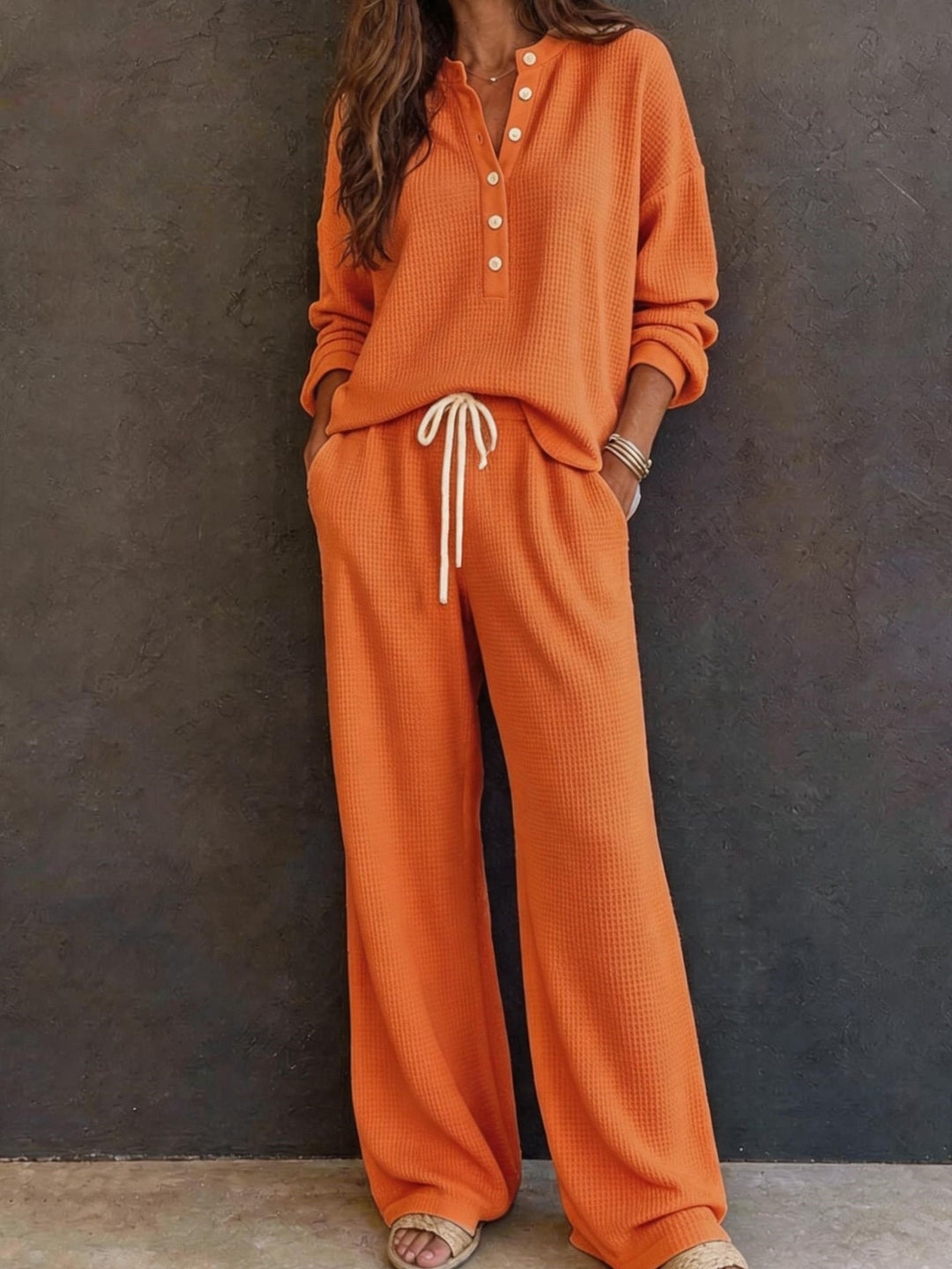 Women's Waffle Knit Loungewear Set with Henley Top, Drawstring Waist and Wide Palazzo Pants Mune Fashion