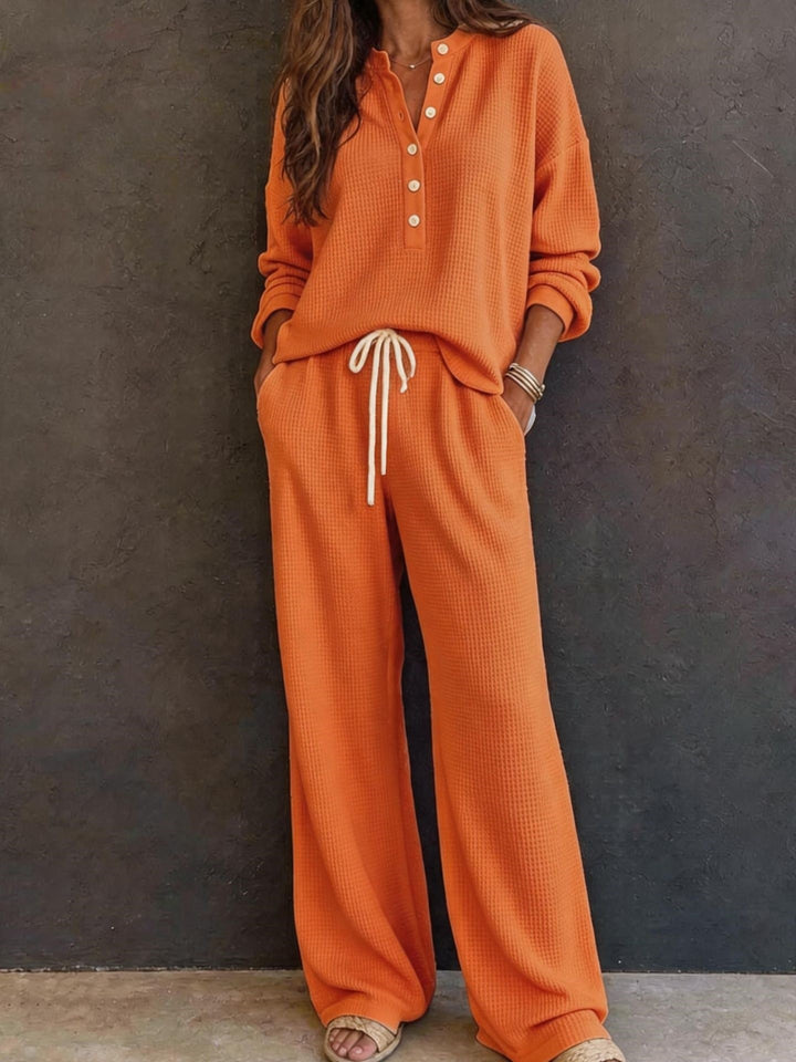 Women's Waffle Knit Loungewear Set with Henley Top, Drawstring Waist and Wide Palazzo Pants Mune Fashion