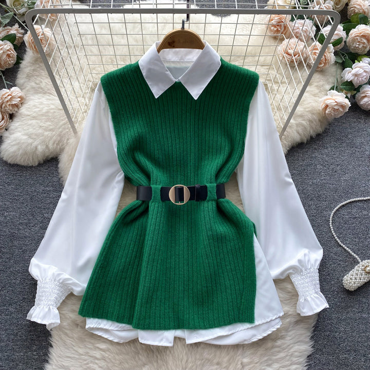 Ladies layering look blouse with ribbed knit overlay and waistbelt Mune Fashion
