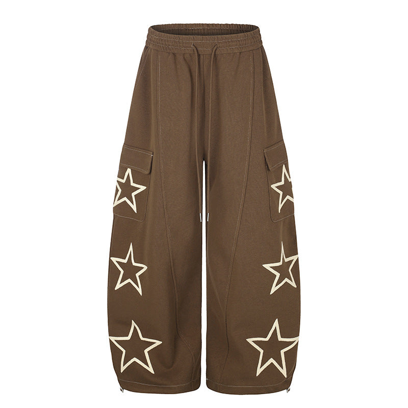 Women’s Wide Cargo Sweatpants with Star Appliqués and Drawstring Waist Mune Fashion