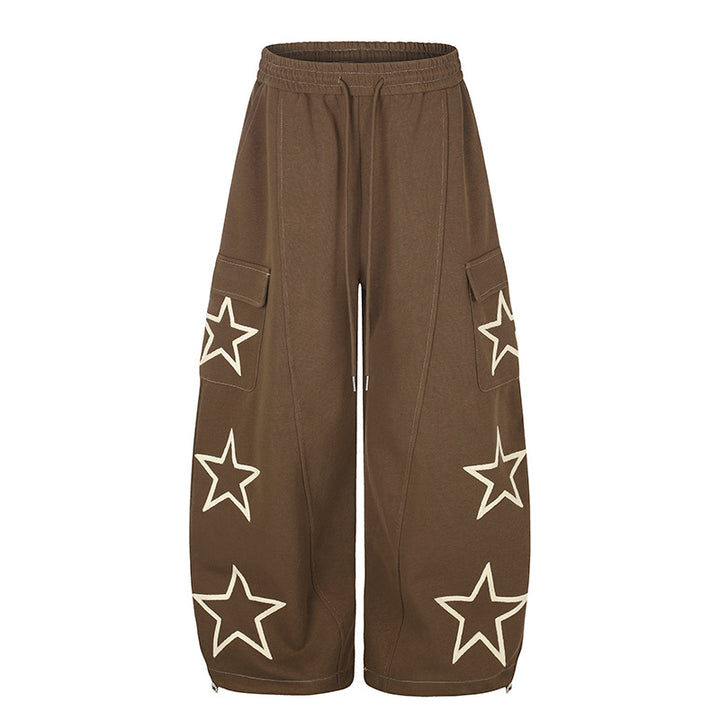 Women’s Wide Cargo Sweatpants with Star Appliqués and Drawstring Waist Mune Fashion
