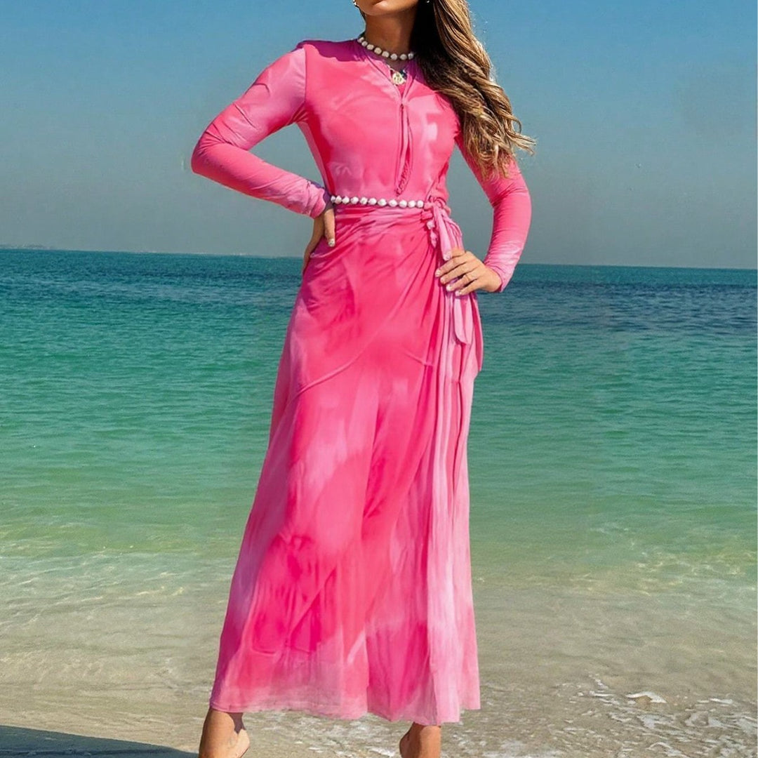 Women's Elegant Beach Dress with Transparent Sleeves and Draped Design Mune Fashion