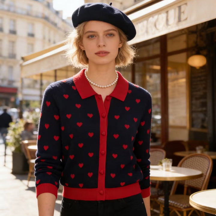 Women Short-Cut Cardigan with Shirt Collar, Heart Jacquard and Button Placket Mune Fashion
