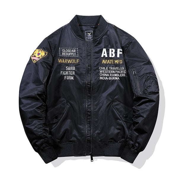 Men's pilot bomber jacket in vintage military style with embroidered patches and utility arm pocket Mune Fashion