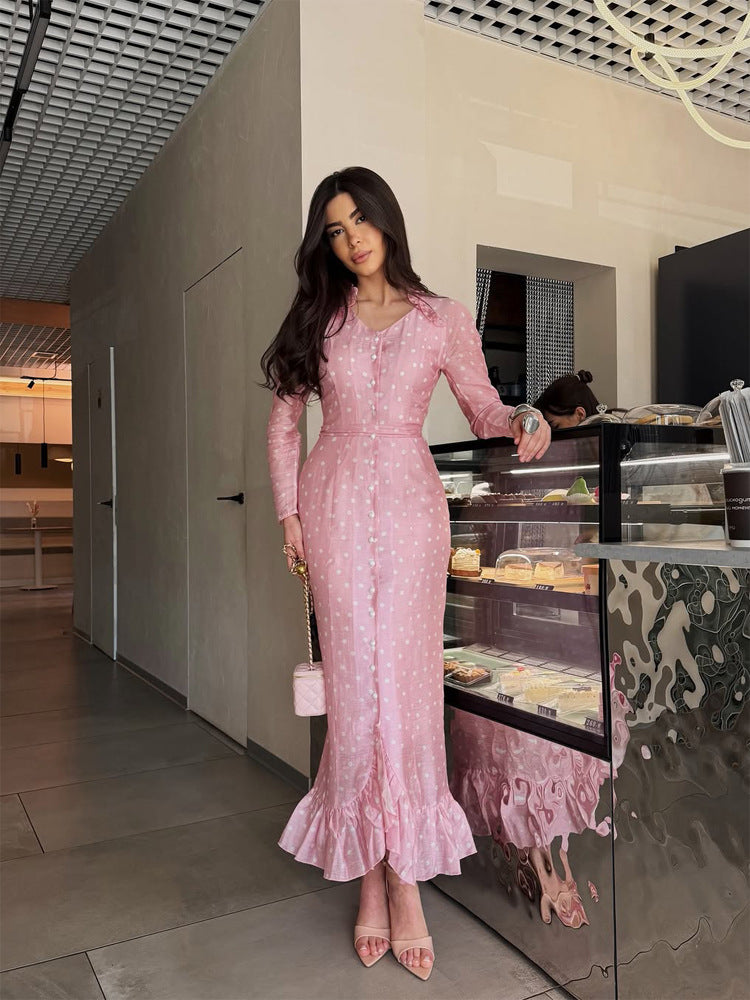 Women Elegant Maxi Dress with Continuous Button Placket, Tailored Silhouette and Ruffle Hem Mune Fashion