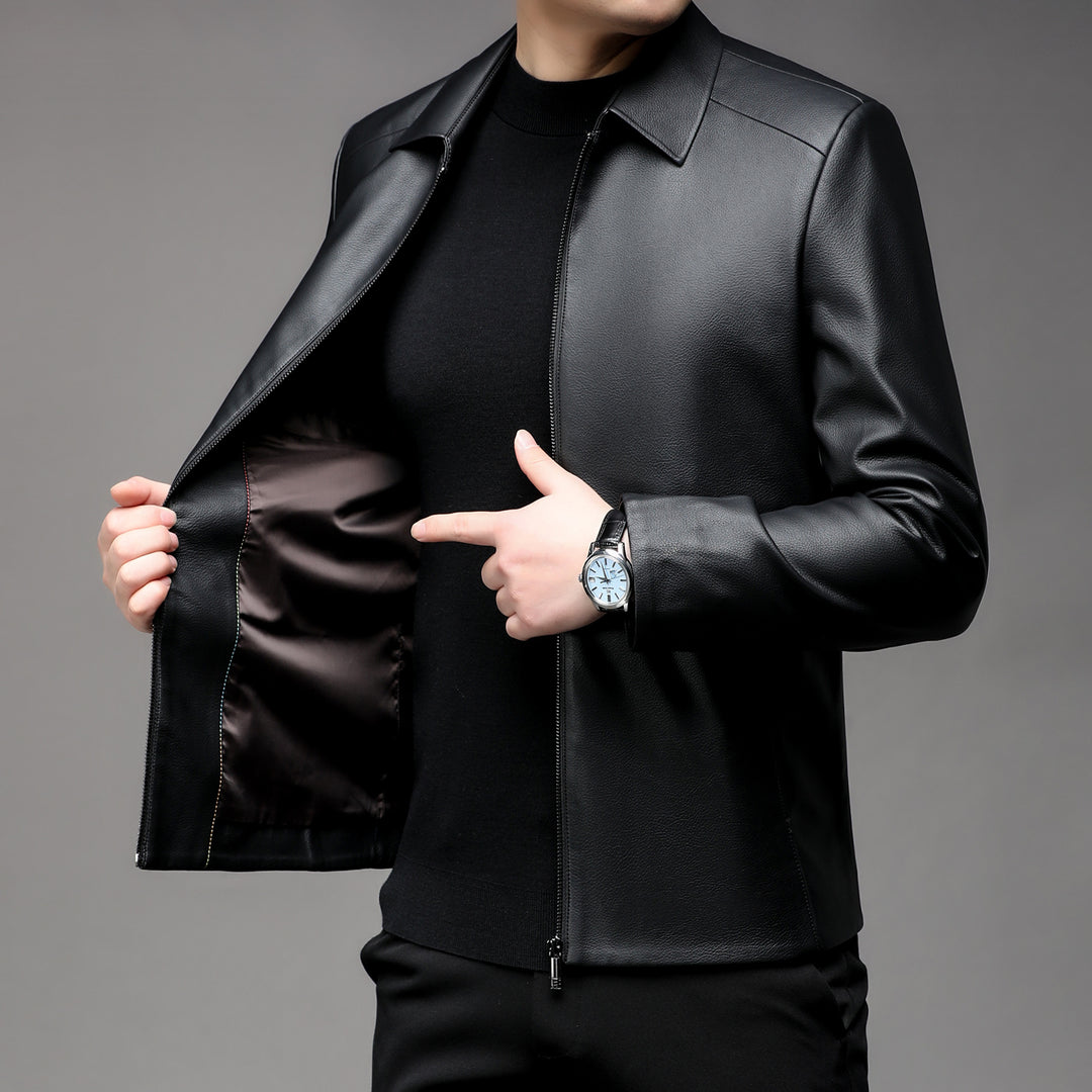 Men Smooth Faux Leather Zip Jacket with Shirt Collar and Slim Silhouette Mune Fashion