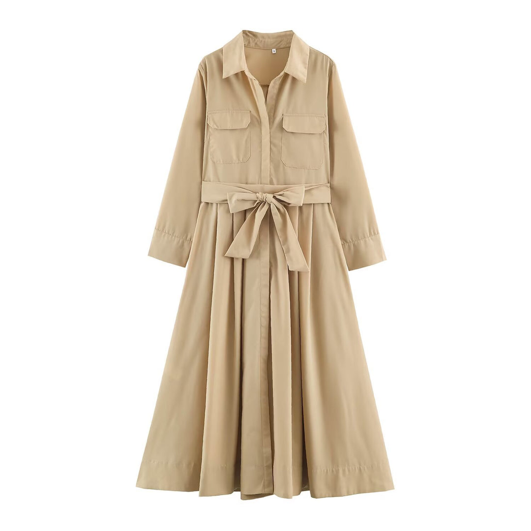 Women's Shirt Dress with Waist Belt and A-Line Skirt Mune Fashion