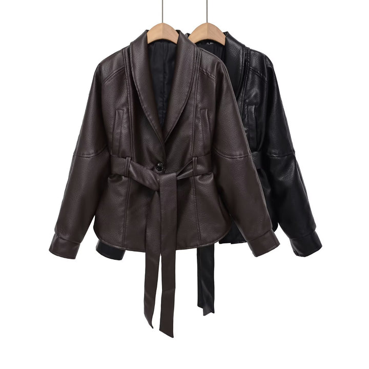 Ladies nan kastiger faux leather jacket with shawl collar, waist belt and textured surface Mune Fashion