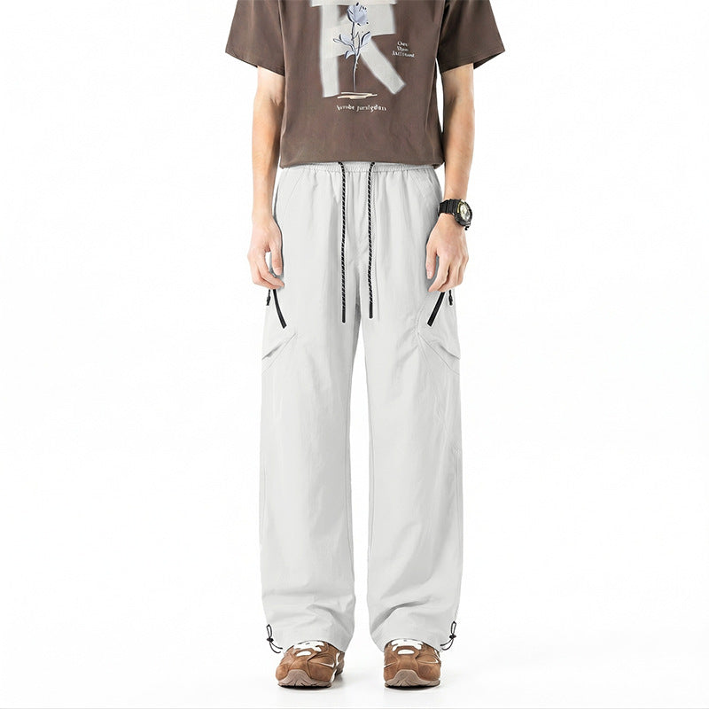 Men's Wide Technical Utility Cargo Pants with Drawstring Waist and Multifunctional Pockets Drune