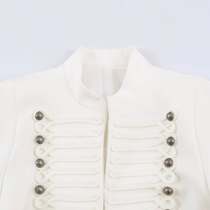Women Short Cut Military Blazer with Stand Collar, Decorative Cords and Structured Silhouette Mune Fashion