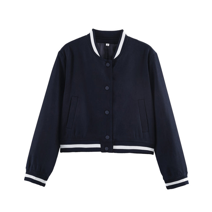 Women's short-cut college bomber jacket with ribbed striped collar and snap button placket Mune Fashion
