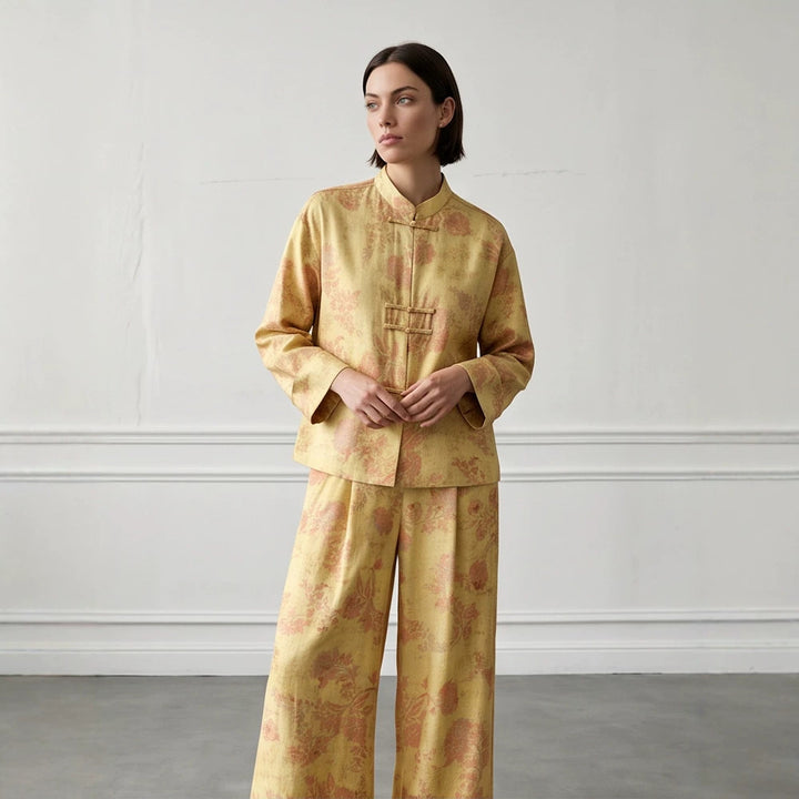 Womens Two-Piece Jacquard Set with Mandarin Collar and Wide Cut Trousers Mune Fashion